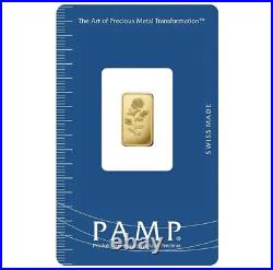 PAMP Suisse Rosa 1 gram. 9999 Gold Bar Sealed Assay Card & 14K Bezel Pendant NEW