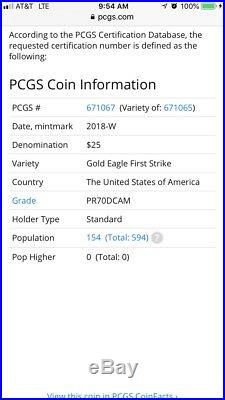 PCGS 2018-W PR70DCAM $25 (1/2 oz) First Strike American Gold Eagle Coin