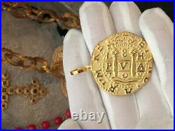 PERU 1708 8 ESCUDOS 22kt SOLID GOLD COIN PENDANT JEWELRY PIRATE COINS NECKLACE