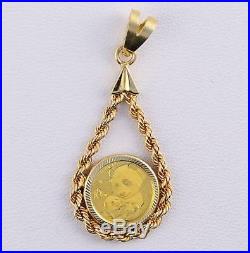 PURE. 9999 GOLD 2019 1 GRAM PANDA Coin in Solid 14KT Gold Tear Drop Rope Pendant