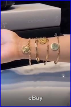 Paperclip Chain Bracelet 14K Solid Gold Women Minimalist Coin Charm Bracelet