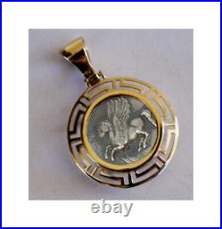 Pegasus Greek Coin Pendant With Frame Solid Gold K 14 And Sterling Silver 925