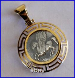 Pegasus Greek Coin Pendant With Frame Solid Gold K 14 And Sterling Silver 925