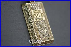 Real 10K Solid Yellow Gold 999.9 Fine Gold Bar Iced CZ 1 Charm Pendant