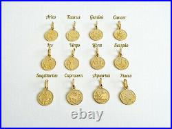 Real Gold Zodiac Coin Necklace, 10K Solid Gold Astrology Horoscope Sign Charm