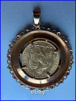 Remarkable 1909 18k Solid Gold French 20 Francs Marianne Rooster Coin Pendant