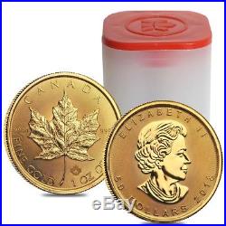 Roll of 10 2018 1 oz Canadian Gold Maple Leaf $50 Coin. 9999 Fine BU Lot, Tube