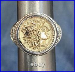 Roman Coin Style Two Tone 14K Solid Gold & Silver Caduceus Ring