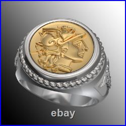 Roman Coin Style Two Tone 14K Solid Gold & Silver Caduceus Ring