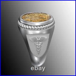 Roman Coin Style Two Tone 14K Solid Gold & Silver Caduceus Ring