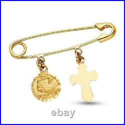 Safety Pin Cross Coin Pendant Solid 14k Yellow Gold Hang On Clip Charm Polished