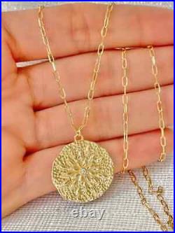 Sand Dollar Pendant Diamond Medallion 14K Solid Gold Paperclip Chain Necklace