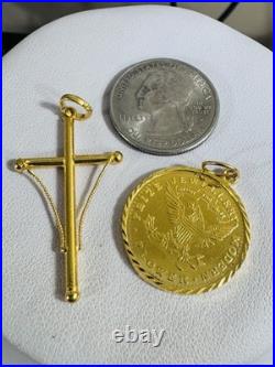 Saudi 22K Solid 916 Real Gold Two Set (2) Cross and Coin Pendant 7.4g