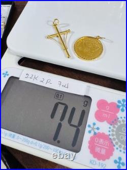 Saudi 22K Solid 916 Real Gold Two Set (2) Cross and Coin Pendant 7.4g