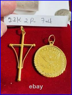 Saudi 22K Solid 916 Real Gold Two Set (2) Cross and Coin Pendant 7.4g