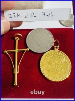 Saudi 22K Solid 916 Real Gold Two Set (2) Cross and Coin Pendant 7.4g
