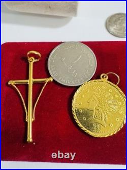 Saudi 22K Solid 916 Real Gold Two Set (2) Cross and Coin Pendant 7.4g