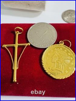 Saudi 22K Solid 916 Real Gold Two Set (2) Cross and Coin Pendant 7.4g