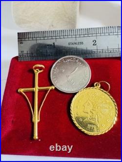 Saudi 22K Solid 916 Real Gold Two Set (2) Cross and Coin Pendant 7.4g