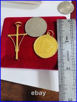 Saudi 22K Solid 916 Real Gold Two Set (2) Cross and Coin Pendant 7.4g