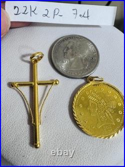 Saudi 22K Solid 916 Real Gold Two Set (2) Cross and Coin Pendant 7.4g