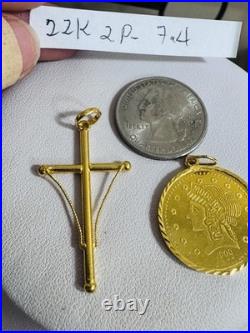 Saudi 22K Solid 916 Real Gold Two Set (2) Cross and Coin Pendant 7.4g