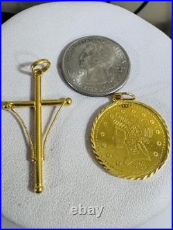 Saudi 22K Solid 916 Real Gold Two Set (2) Cross and Coin Pendant 7.4g