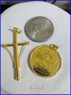 Saudi 22K Solid 916 Real Gold Two Set (2) Cross and Coin Pendant 7.4g