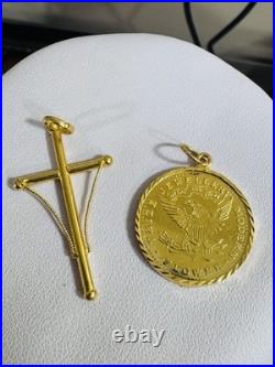 Saudi 22K Solid 916 Real Gold Two Set (2) Cross and Coin Pendant 7.4g
