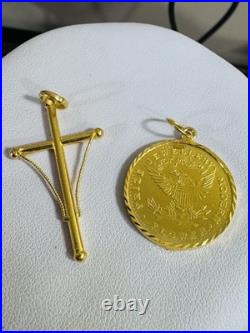 Saudi 22K Solid 916 Real Gold Two Set (2) Cross and Coin Pendant 7.4g