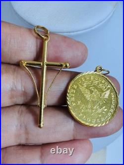 Saudi 22K Solid 916 Real Gold Two Set (2) Cross and Coin Pendant 7.4g