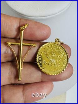 Saudi 22K Solid 916 Real Gold Two Set (2) Cross and Coin Pendant 7.4g