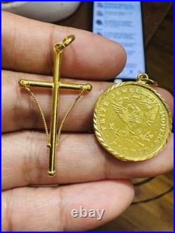 Saudi 22K Solid 916 Real Gold Two Set (2) Cross and Coin Pendant 7.4g