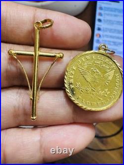 Saudi 22K Solid 916 Real Gold Two Set (2) Cross and Coin Pendant 7.4g