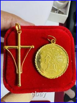 Saudi 22K Solid 916 Real Gold Two Set (2) Cross and Coin Pendant 7.4g