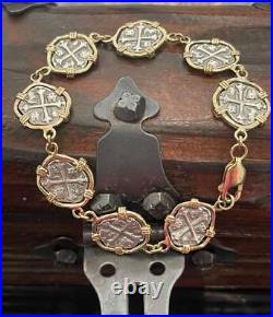 Senora De Atocha Solid Silver Coin Bracelet In 14k Solid Gold Bezel Senora De Atocha Solid Silver Coin Bracelet In 14k Solid Gold Bezel