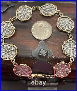 Senora De Atocha Solid Silver Coin Bracelet In 14k Solid Gold Bezel Senora De Atocha Solid Silver Coin Bracelet In 14k Solid Gold Bezel
