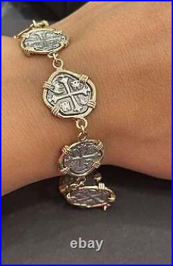 Senora De Atocha Solid Silver Coin Bracelet In 14k Solid Gold Bezel Senora De Atocha Solid Silver Coin Bracelet In 14k Solid Gold Bezel