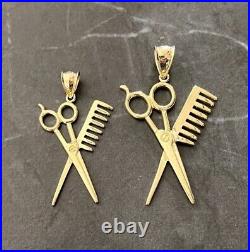 Solid 10K Yellow Real Gold Scissors and Comb Clippers Barber Gold Pendant Charm