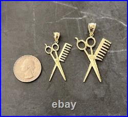 Solid 10K Yellow Real Gold Scissors and Comb Clippers Barber Gold Pendant Charm