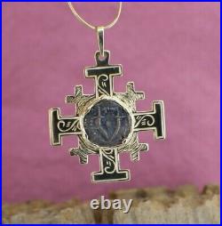 Solid 14K Yellow Gold Jerusalem Cross Pendant With Widows Mite Coin New Lovely