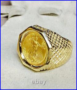 Solid 14K Yellow Gold Men's 20 mm Beautiful Coin American Eagle Vintage Ring