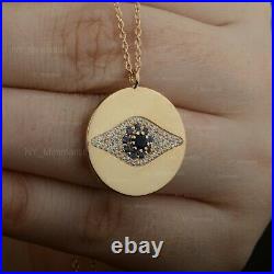Solid 14K Yellow Gold Sapphire Diamond Big Evil Eye Round Disc Pendant Necklace