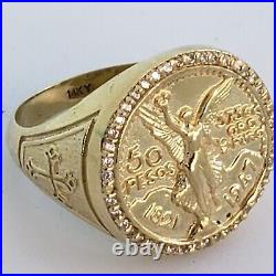 Solid 14k Yellow Gold Cross 50 Pesos Centenario Ring Size 8 9.5 10 11 12