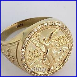 Solid 14k Yellow Gold Cross 50 Pesos Centenario Ring Size 8 9.5 10 11 12