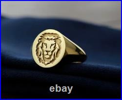 Solid 14k Yellow Gold Without Stone Engagement Gift Men's Ring Lion Head Shape