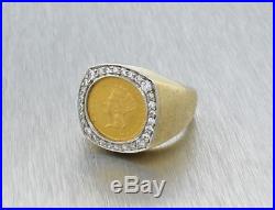 Solid 18k Yellow Gold. 3ct Diamond Indian Head Gold Coin Liberty One Dollar Ring