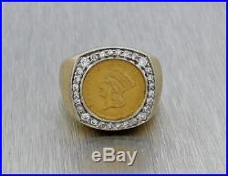 Solid 18k Yellow Gold. 3ct Diamond Indian Head Gold Coin Liberty One Dollar Ring