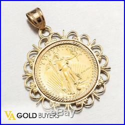 Solid 21k Lady Liberty 5 Dollar Gold Coin Pendant Framed in Solid 14k YG