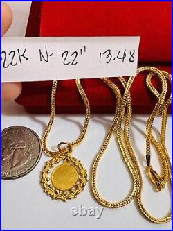 Solid 22K 22Carat 916 Fine Real Gold 22 Long Lucky Coins Necklace 13.4g 2mm